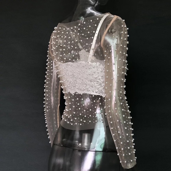 Mesh Pearl blouse top shirt sexy sheer transparent womens long sleeve - Picture 6 of 7